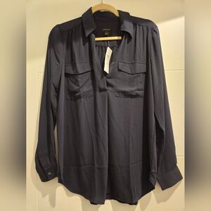 NWT Ann Taylor Womens Dark Blue One Button Long Sleeves Shirt